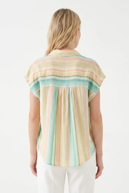 Zac & Rachel Simply Green Multi-Pink Striped Button-Down Blouse