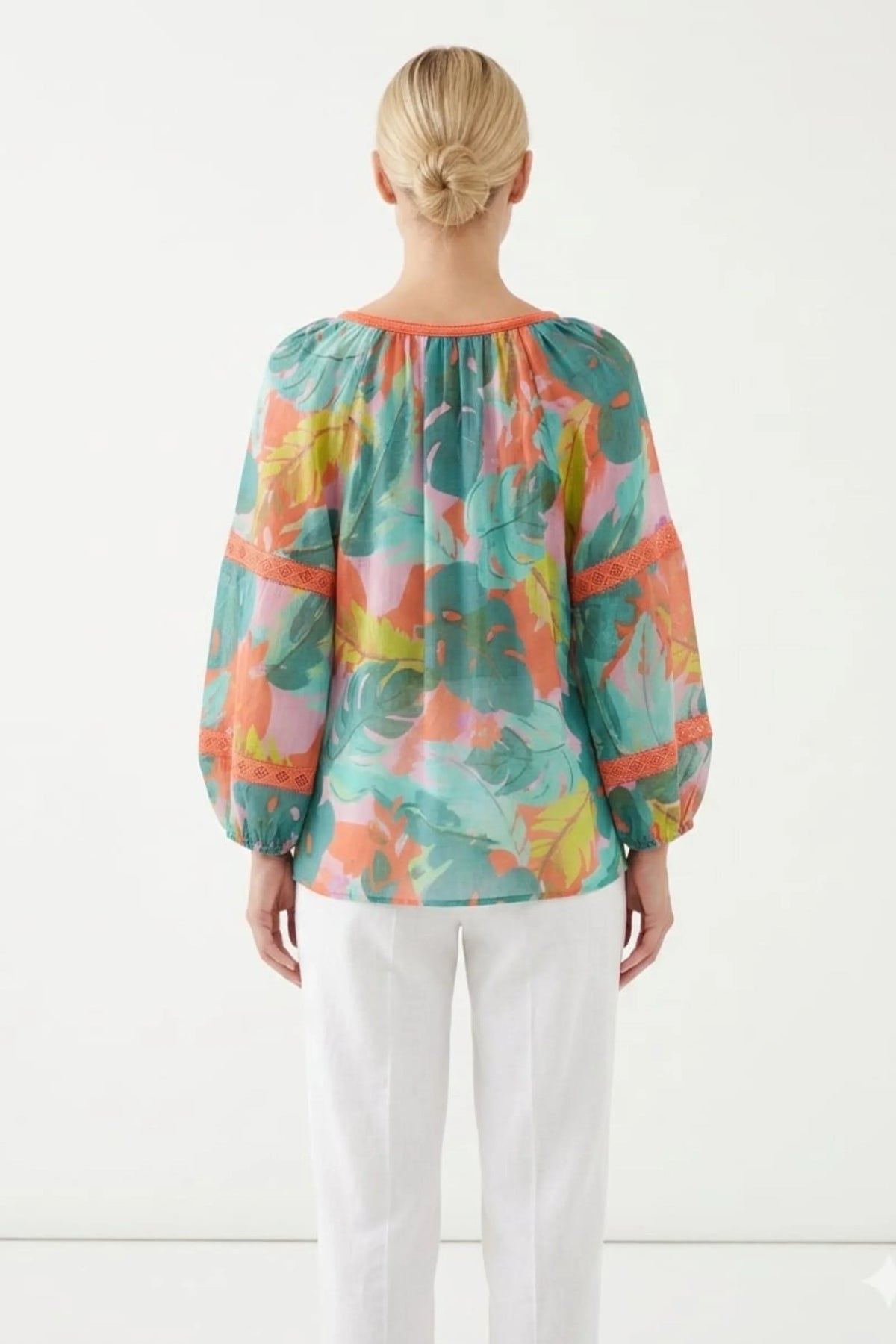 Zac & Rachel Pink Tomato Chartreuse Watercolor Floral Day Top