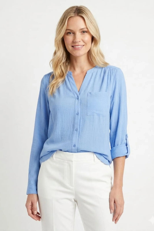 Zac & Rachel Convertible Roll-Sleeve Button-Down Blouse