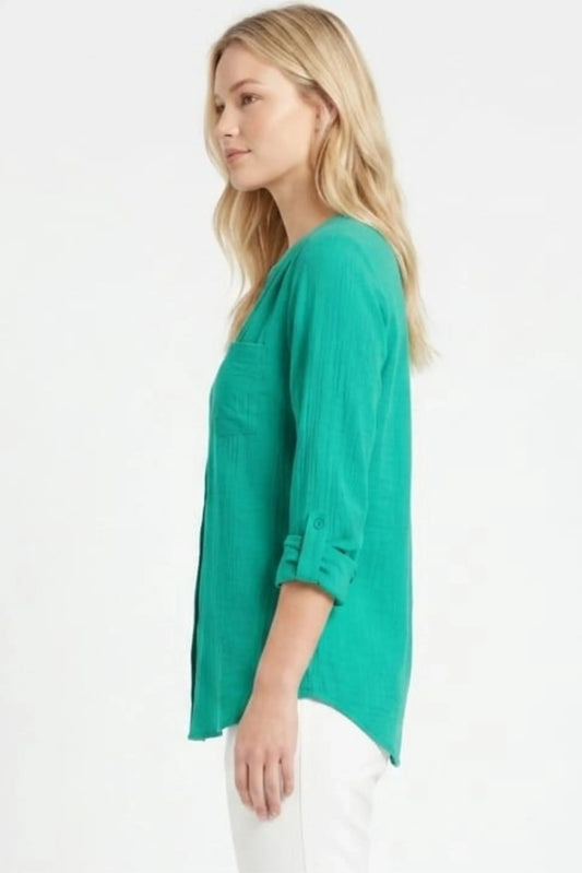 Zac & Rachel Convertible Roll-Sleeve Button-Down Blouse
