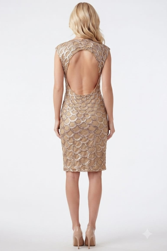 Sue Wong Cap Sleeve Embroidered Scalloped Dress
