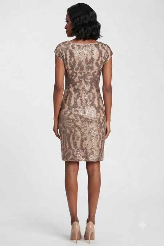 Sue Wong Cap Sleeve Sequined Sheath Dress