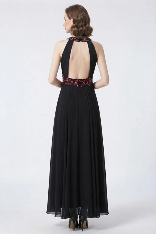 Sue Wong Halter Beaded Cutout Back Evening Dress