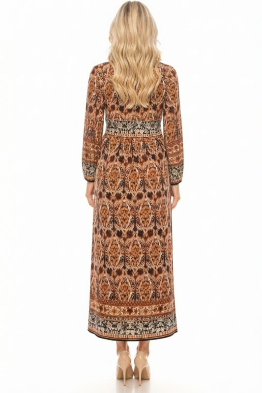 Sandra Darren Spice Burgundy Ikat Border Print Long-Sleeve Maxi Dress