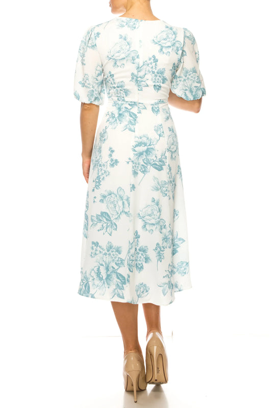 Sandra Darren Floral A Line Cuff Sleeve Midi Dress