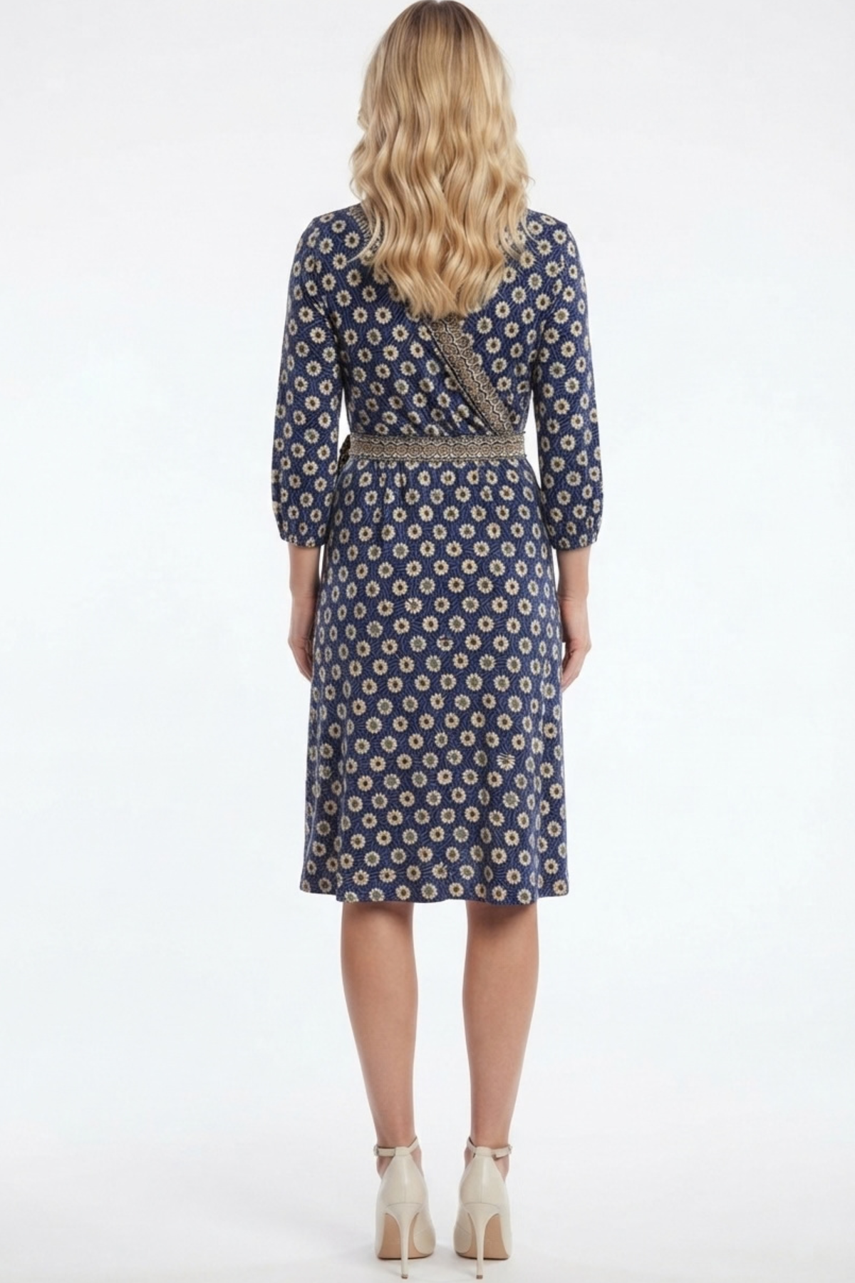 Sandra Darren Navy Multi Bohemian Floral Border Print Faux Wrap Midi Dress