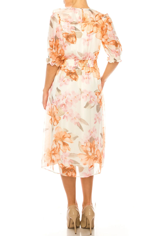 Shelby & Palmer Floral Print 3/4 Sleeve Midi Dress