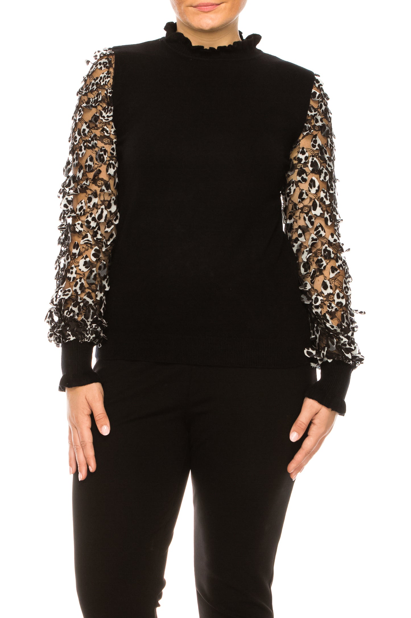 Sioni Leopard Lace Sleeve Mock Neck Sweater Top