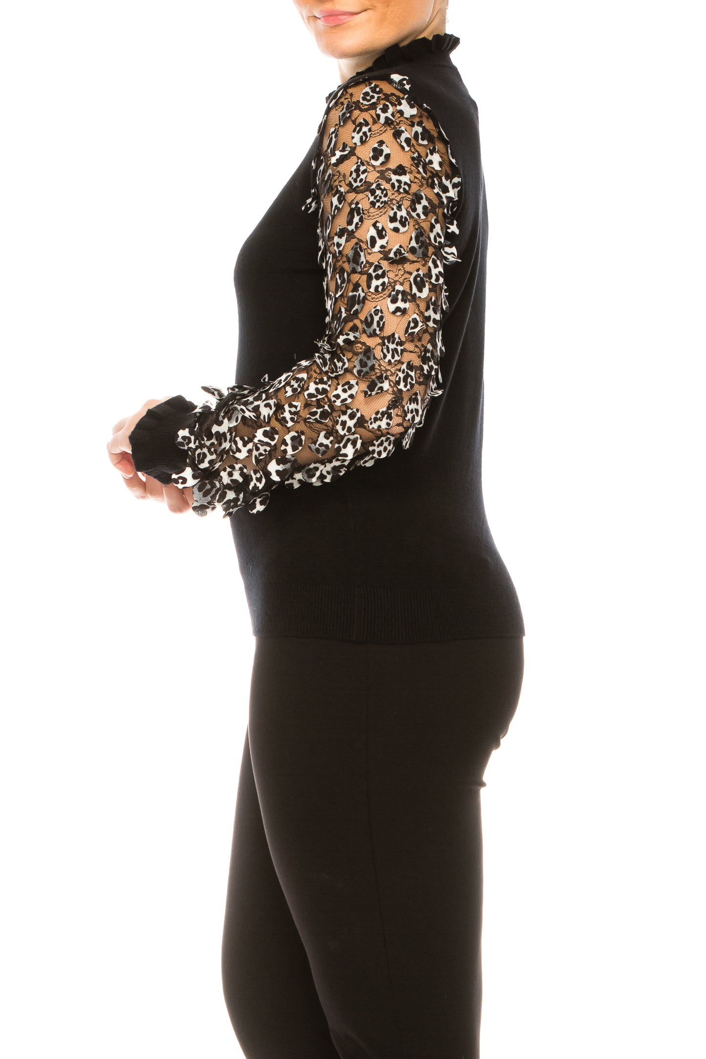 Sioni Leopard Lace Sleeve Mock Neck Sweater Top