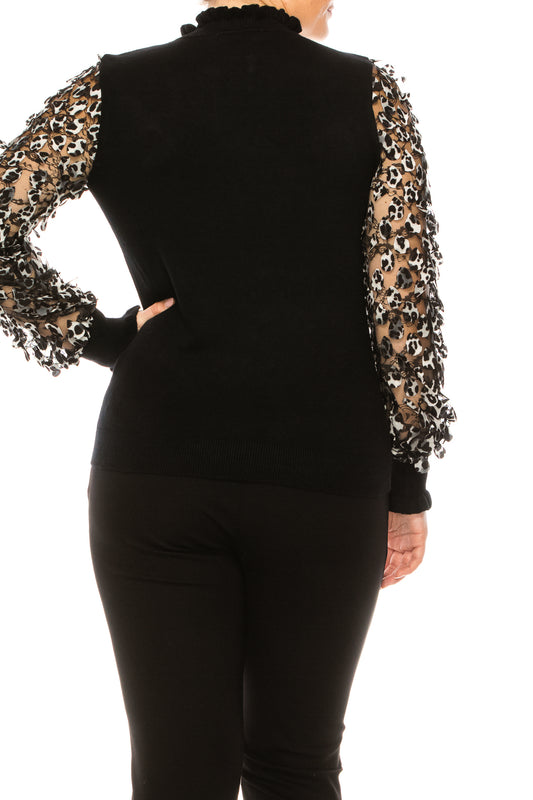 Sioni Leopard Lace Sleeve Mock Neck Sweater Top