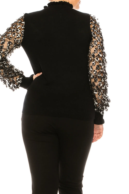 Sioni Leopard Lace Sleeve Mock Neck Sweater Top