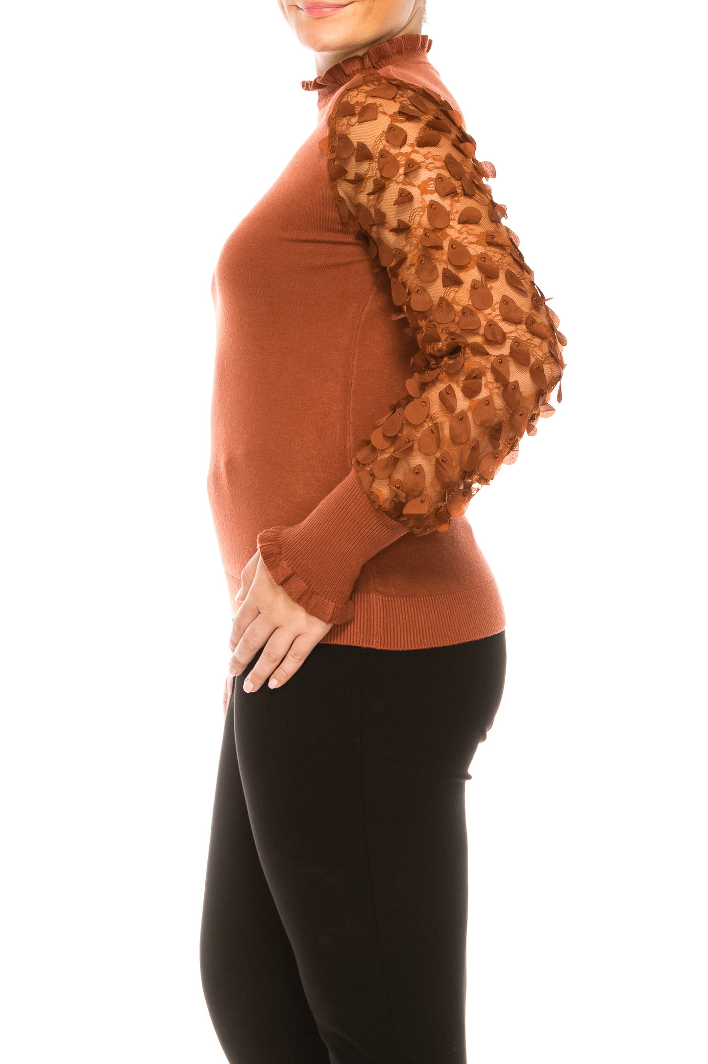 Sioni Mock Neck Mesh Applique Sleeve Detail Sweater Top
