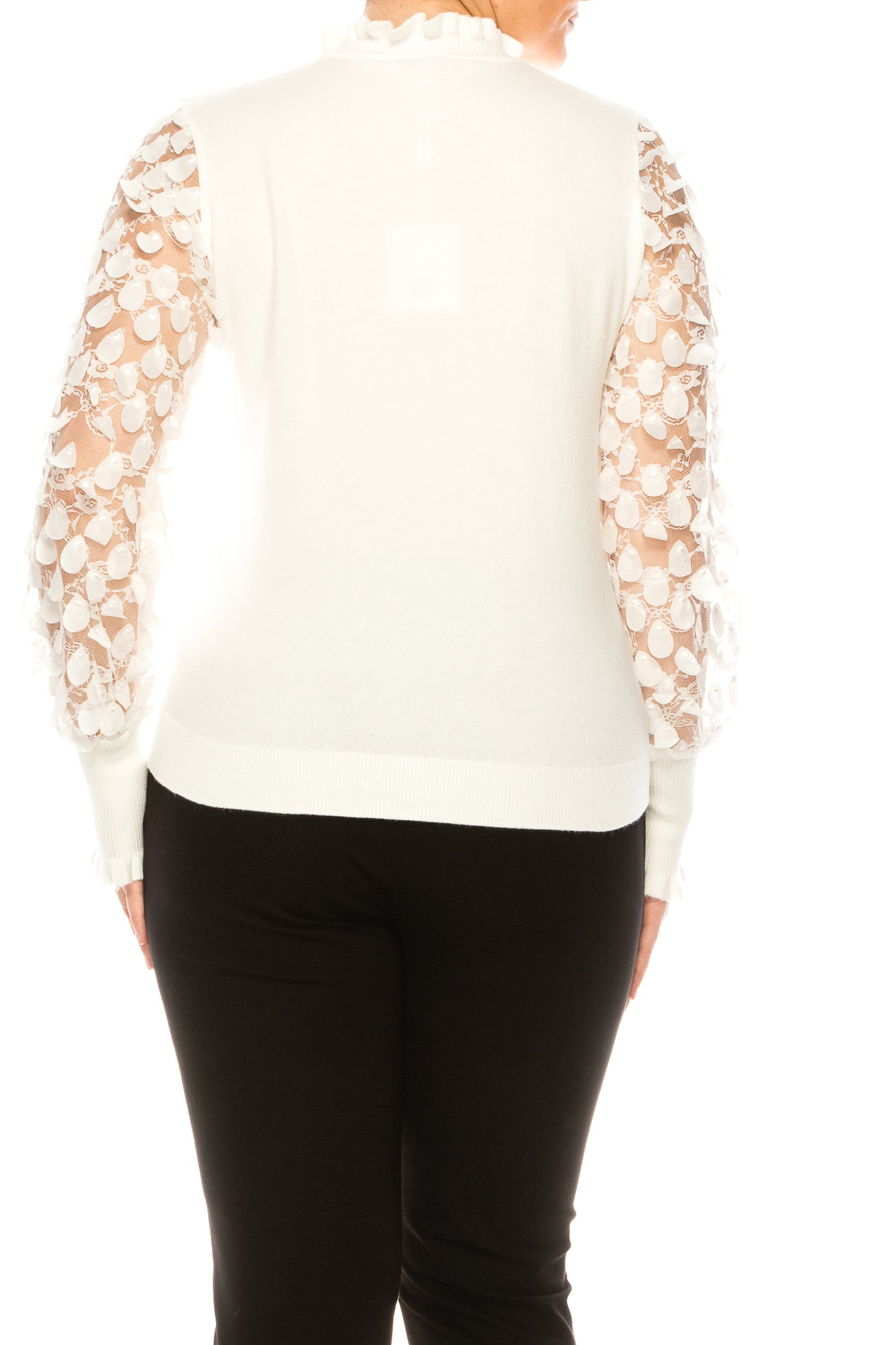 Sioni Mock Neck Mesh Applique Sleeve Detail Sweater Top