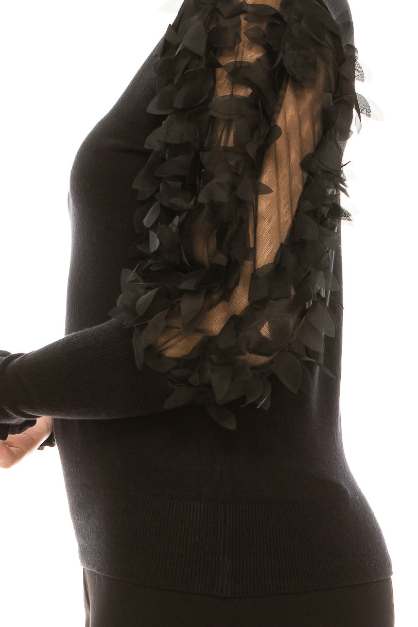 Sioni Mock Neck Mesh Applique Sleeve Detail Sweater Top