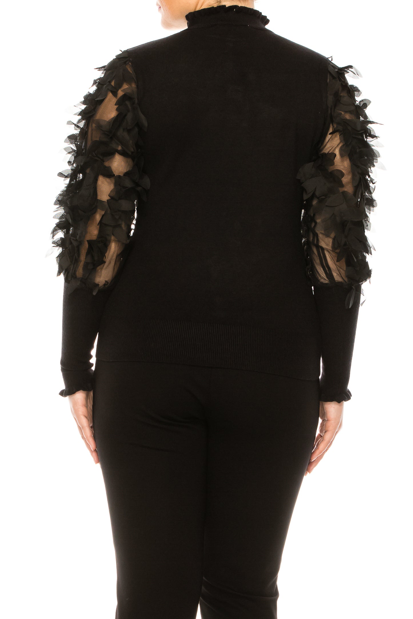 Sioni Mock Neck Mesh Applique Sleeve Detail Sweater Top