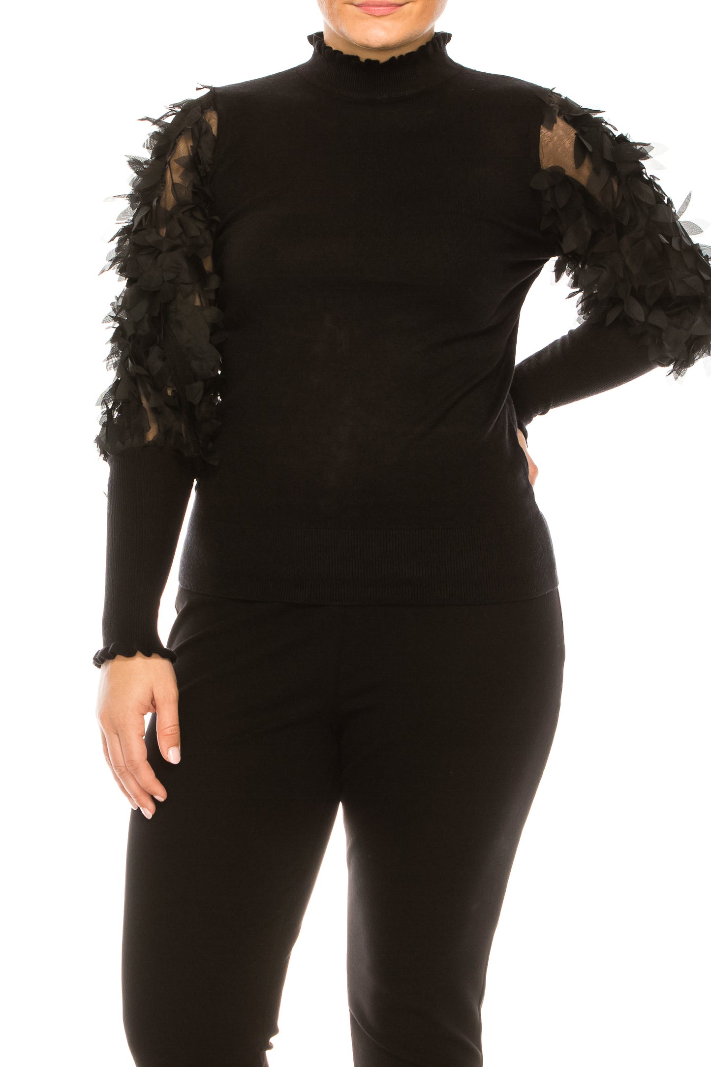 Sioni Mock Neck Mesh Applique Sleeve Detail Sweater Top