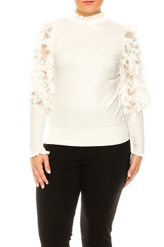 Sioni Mock Neck Mesh Applique Sleeve Detail Sweater Top