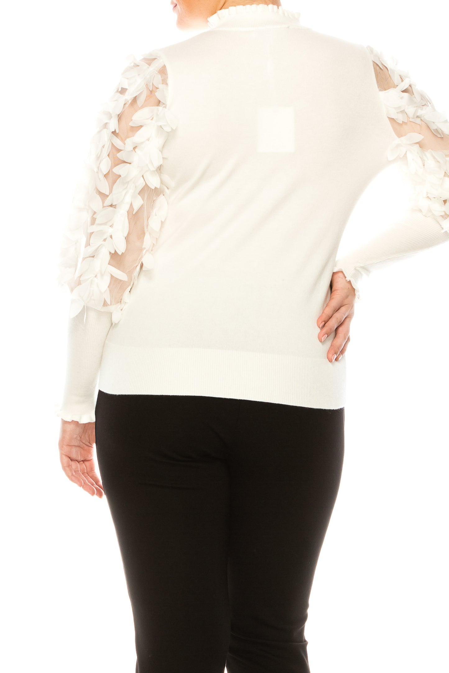 Sioni Mock Neck Mesh Applique Sleeve Detail Sweater Top