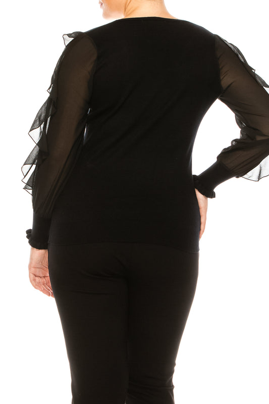 Sioni V-Neck Ruffle Chiffon Sleeve Sweater Top