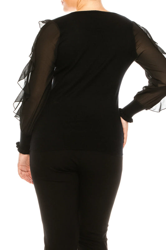 Sioni V-Neck Ruffle Chiffon Sleeve Sweater Top