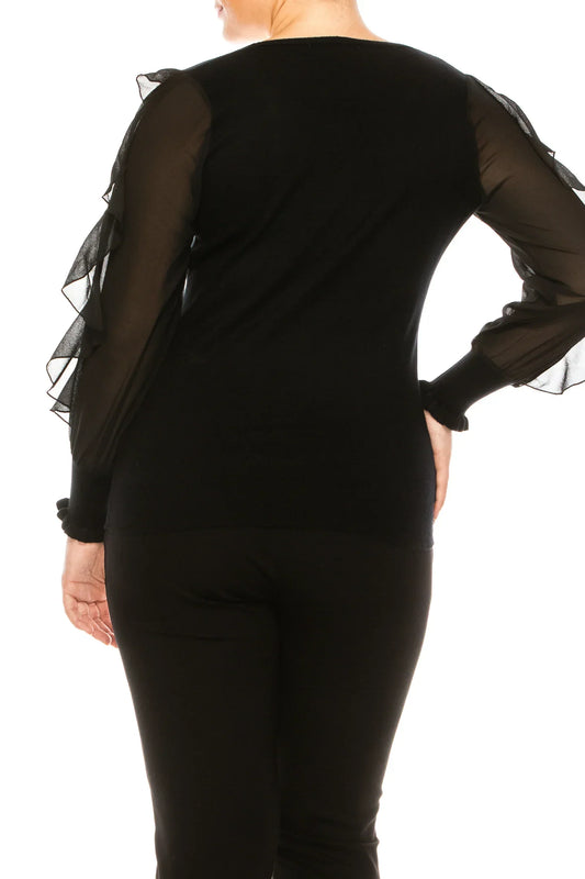 Sioni V-Neck Ruffle Chiffon Sleeve Sweater Top