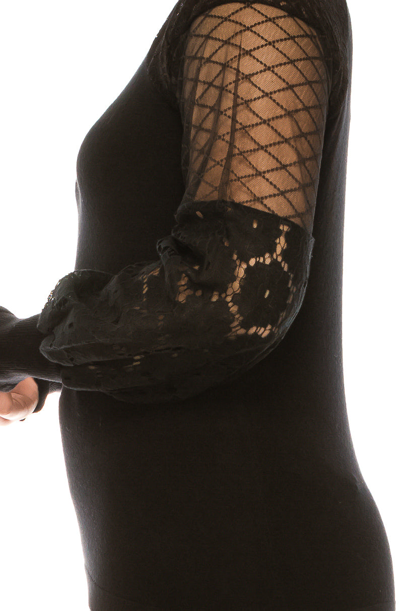 Sioni Ruffle Crew Neck Lace Sleeve Sweater Top