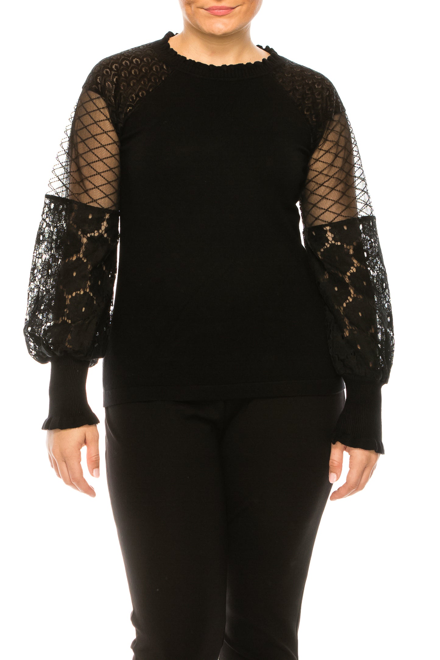 Sioni Ruffle Crew Neck Lace Sleeve Sweater Top