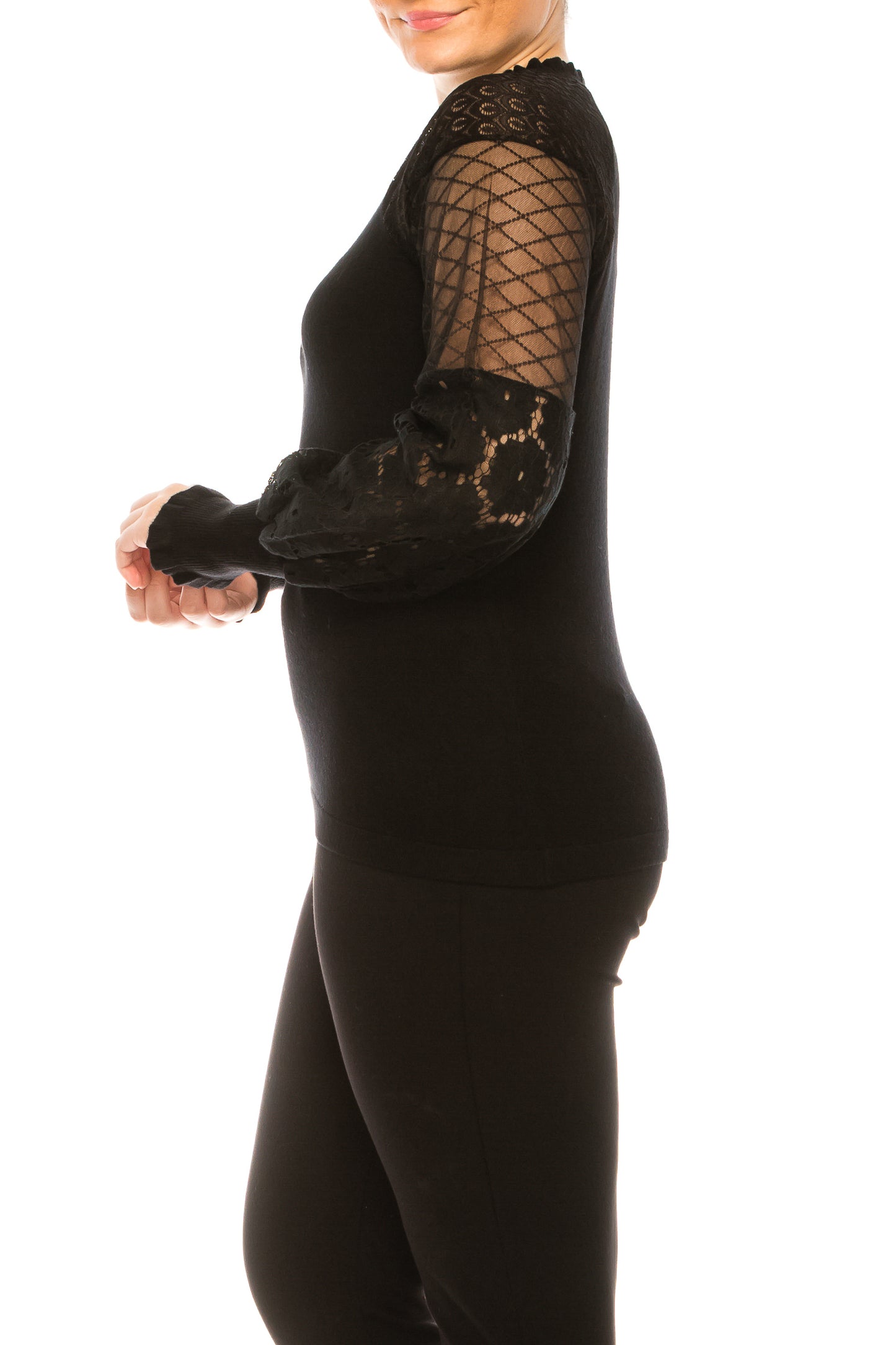 Sioni Ruffle Crew Neck Lace Sleeve Sweater Top