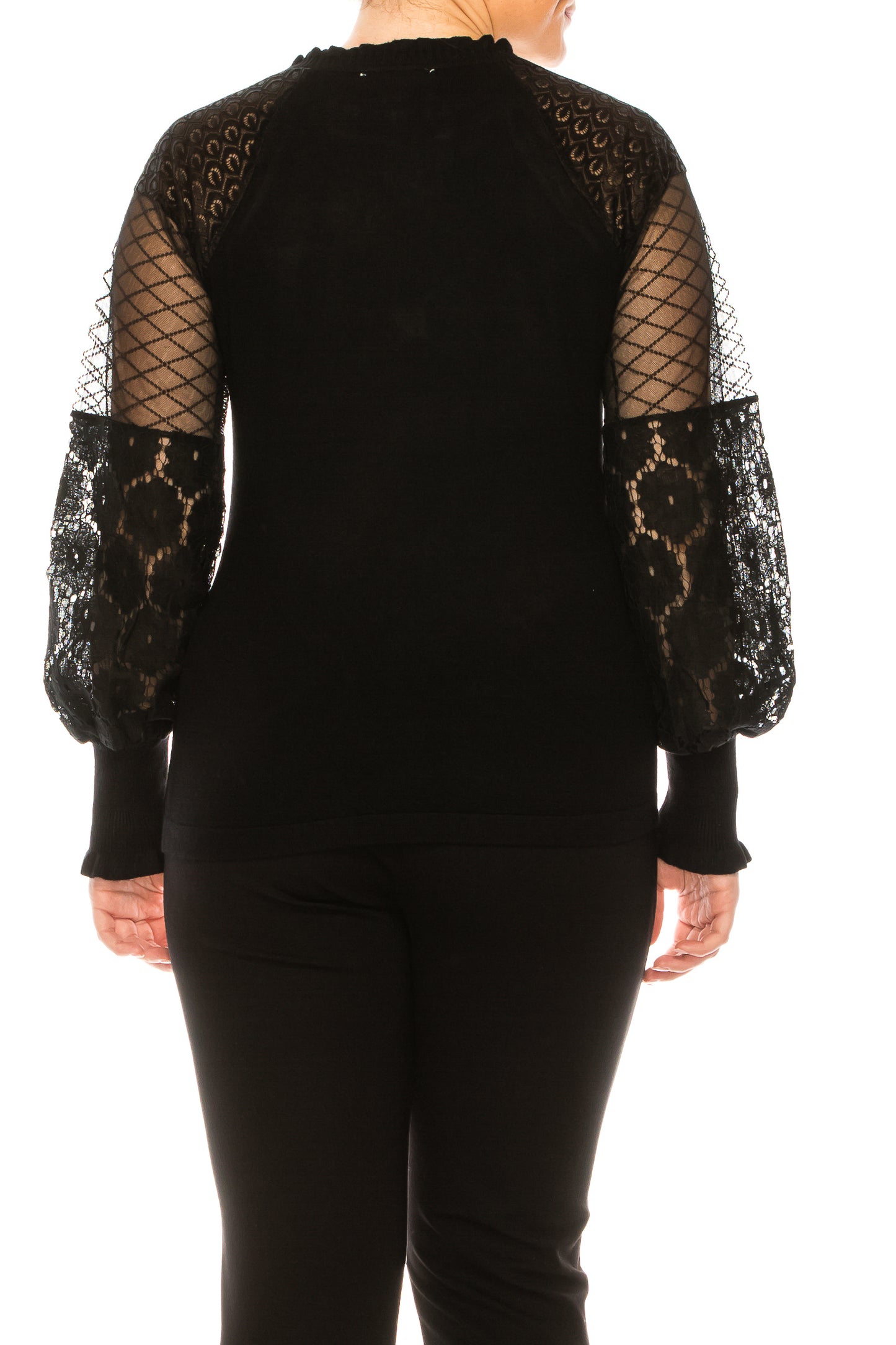 Sioni Ruffle Crew Neck Lace Sleeve Sweater Top