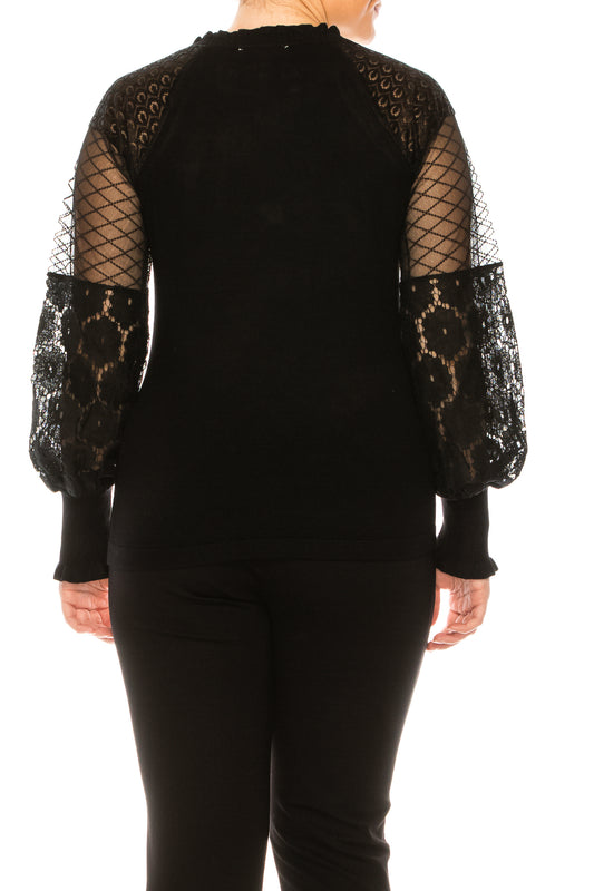 Sioni Ruffle Crew Neck Lace Sleeve Sweater Top