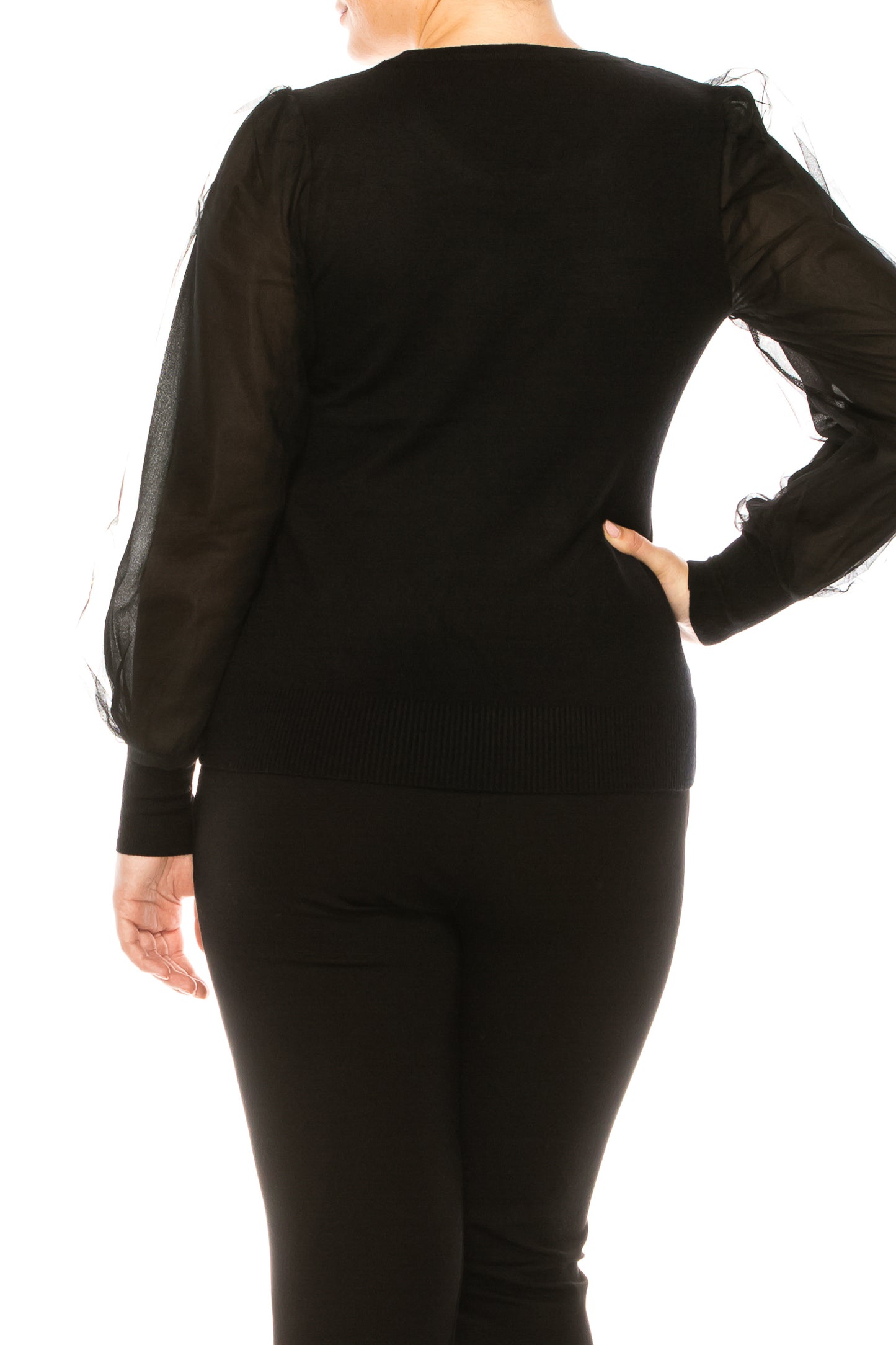 Sioni Jeweled Neckline Puff Tulle Sleeve Sweater Top