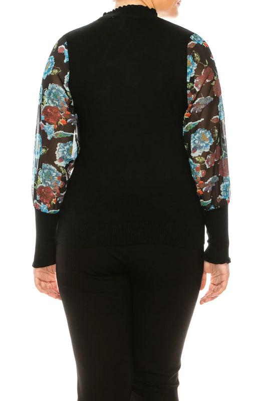 Sioni Mock Neck Floral Sleeve Sweater Top