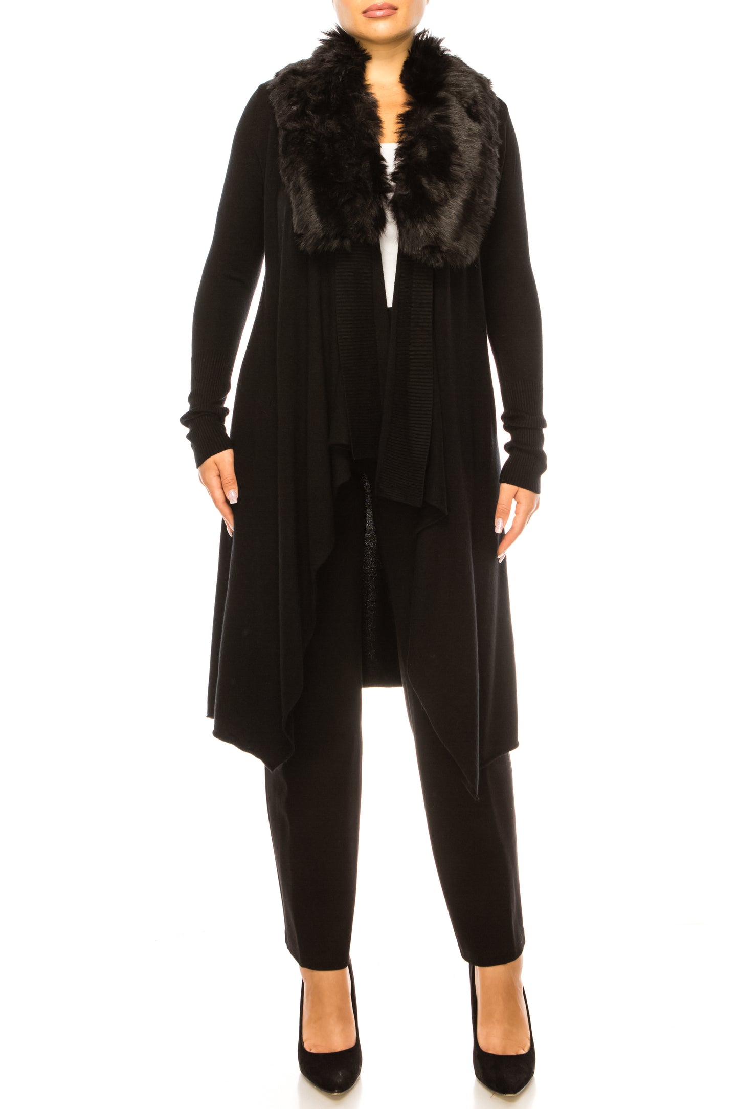 Sioni Faux-Fur Collar Long-Sleeve Cardigan Sweater