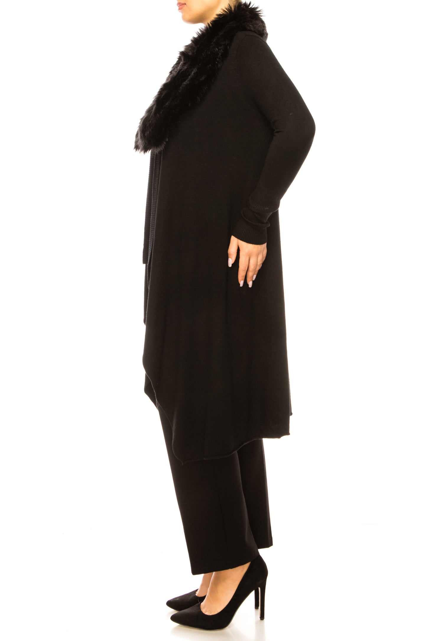 Sioni Faux-Fur Collar Long-Sleeve Cardigan Sweater