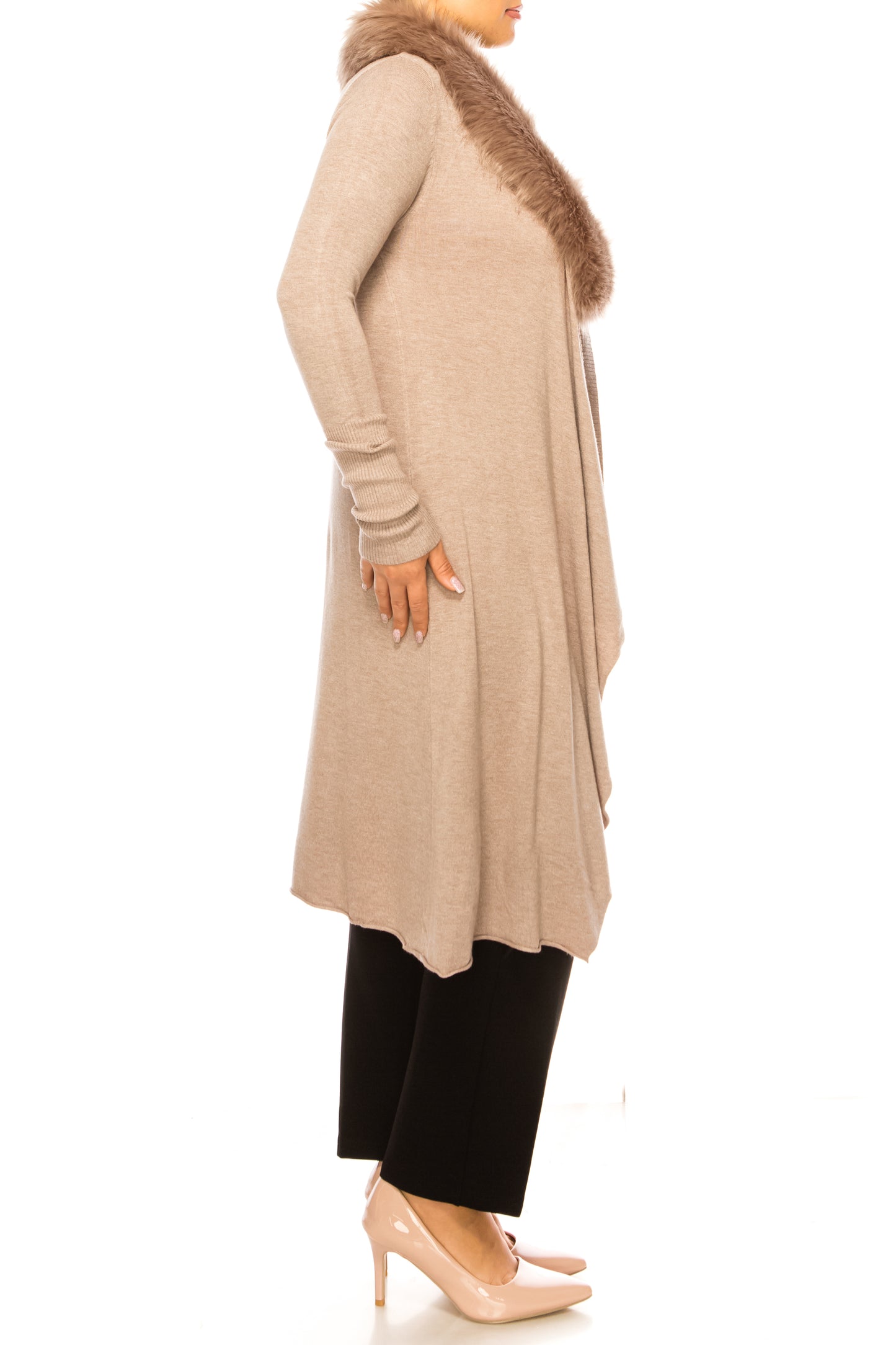 Sioni Faux-Fur Collar Long-Sleeve Cardigan Sweater