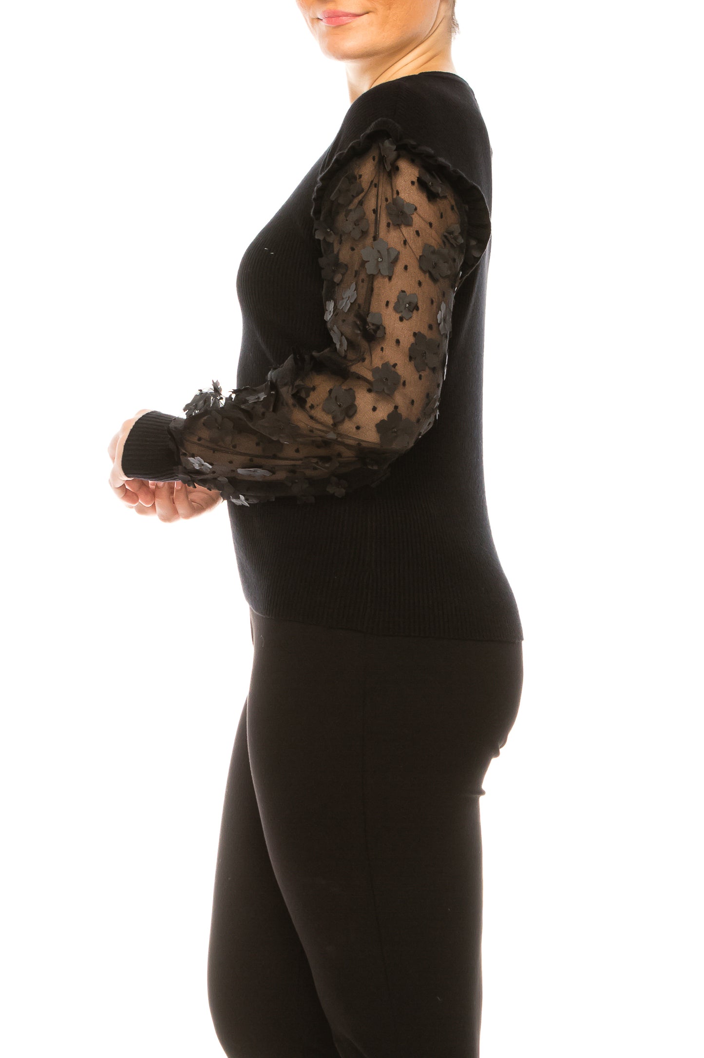 Sioni Crew Neck Applique Sleeve Detail Sweater Top