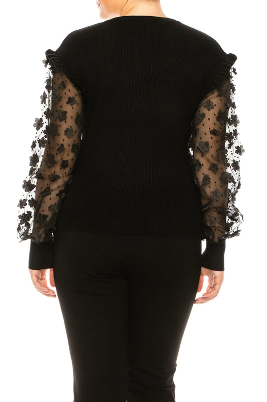 Sioni Crew Neck Applique Sleeve Detail Sweater Top