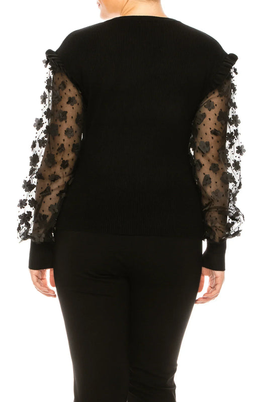 Sioni Crew Neck Applique Sleeve Detail Sweater Top