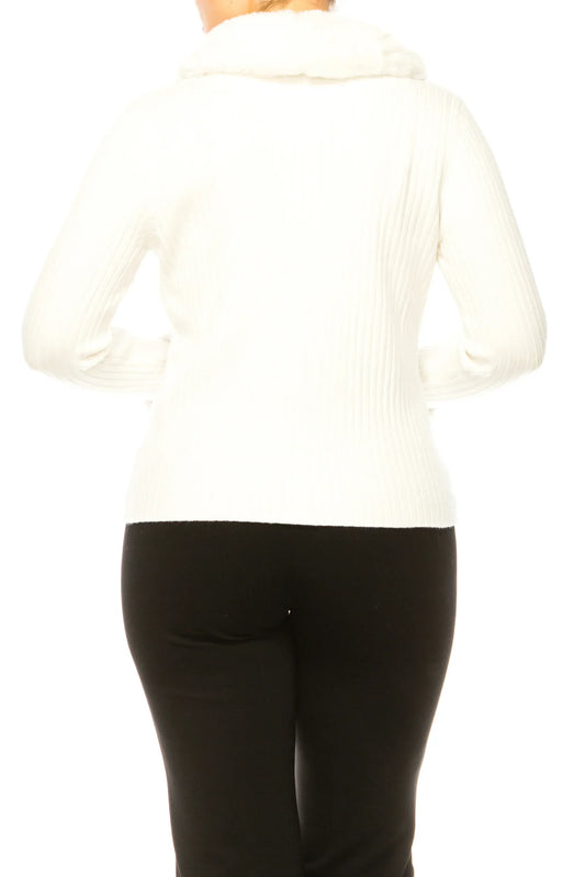 Sioni Faux-Fur Trim Ribbed Zippered Sweater