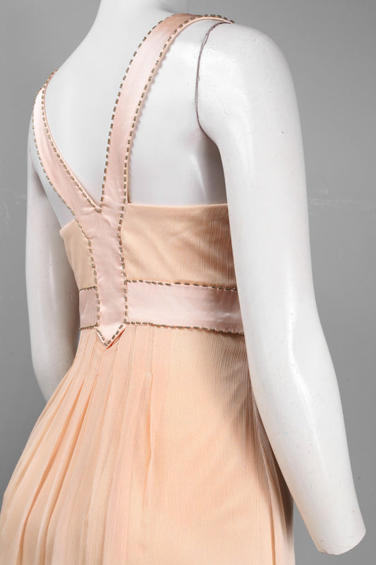 Sue Wong Beaded V-Cut Satin Inset Crepe Dress