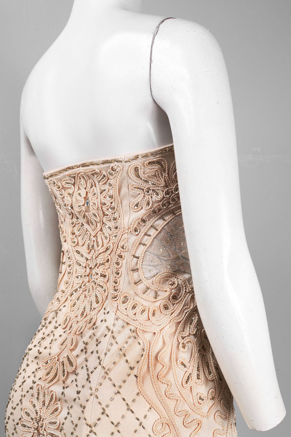 Sue Wong Strapless Beaded Ribbon Swirl Mesh Dress