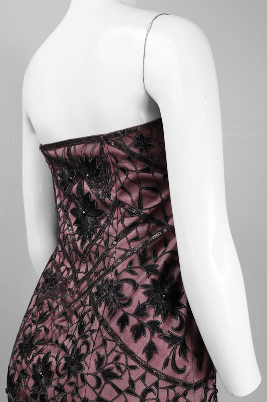 Sue Wong Strapless Floral Embroidered Evening Gown