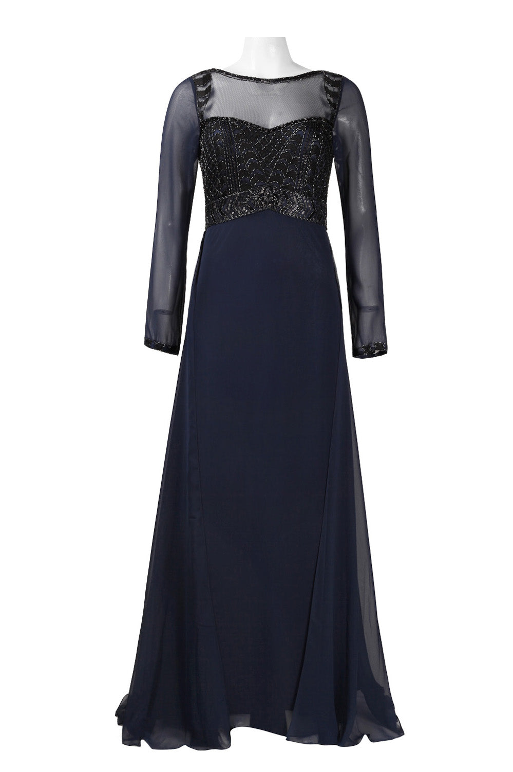 Sue Wong Long Sleeve Beaded Bodice Evening Dress