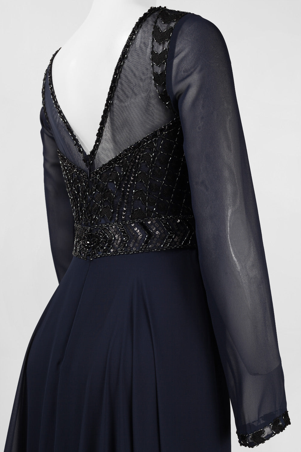 Sue Wong Long Sleeve Beaded Bodice Evening Dress