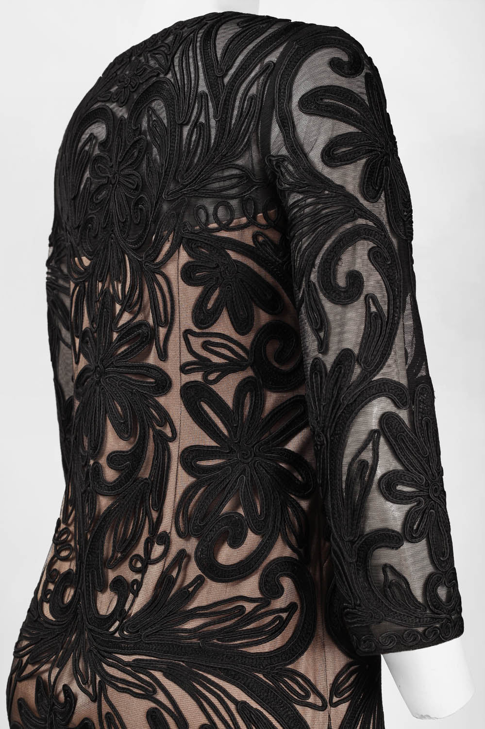 Sue Wong 3/4 Sleeve Floral Embroidered Mesh Dress