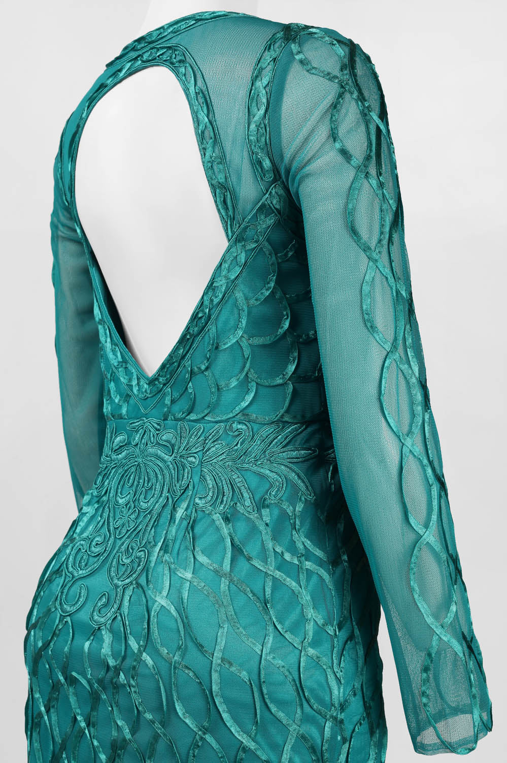 Sue Wong Long Sleeve Embroidered Open-Back Dress