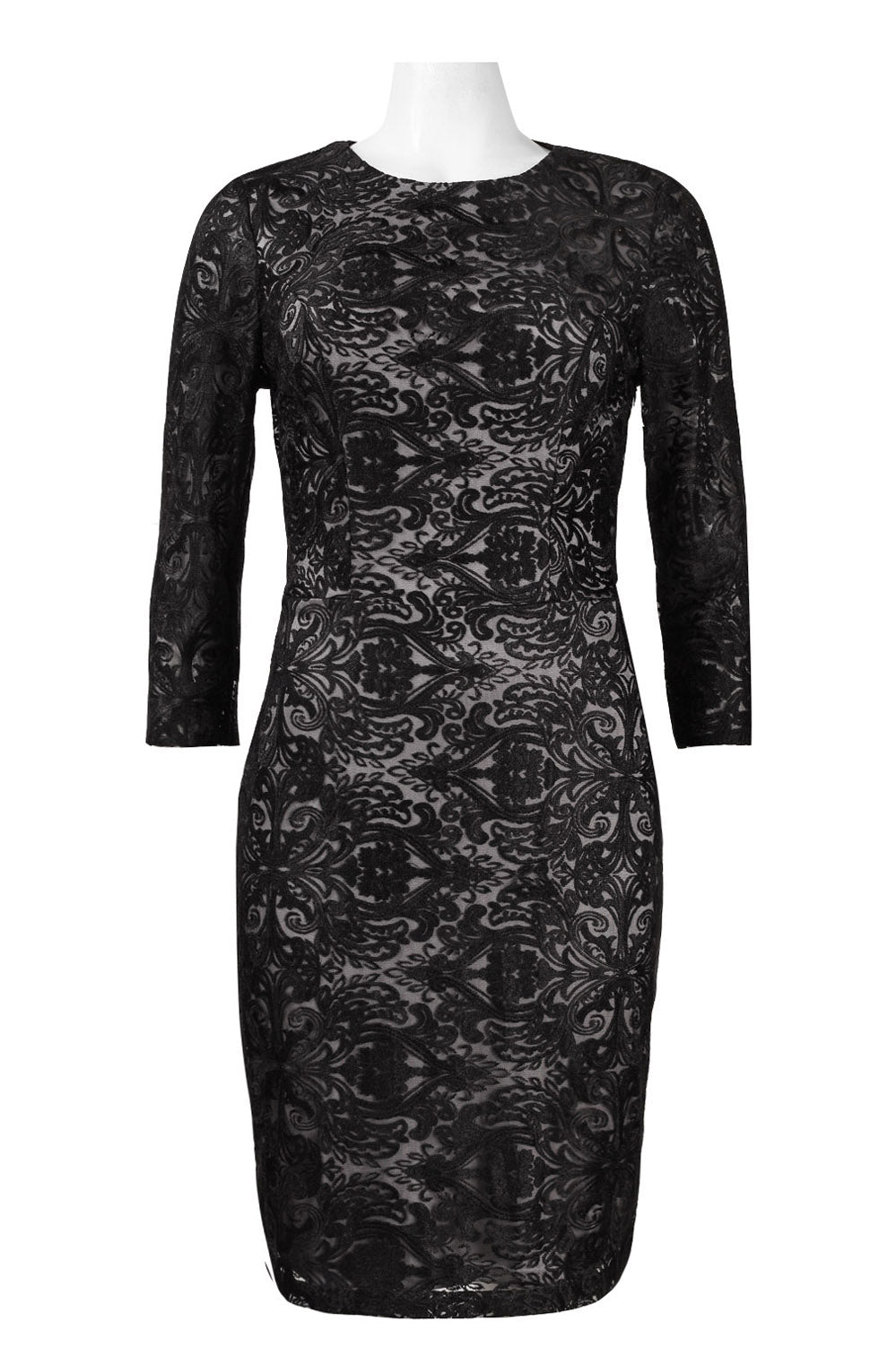 Sue Wong Ornament Motif 3/4 Sleeve Open-Back Dress