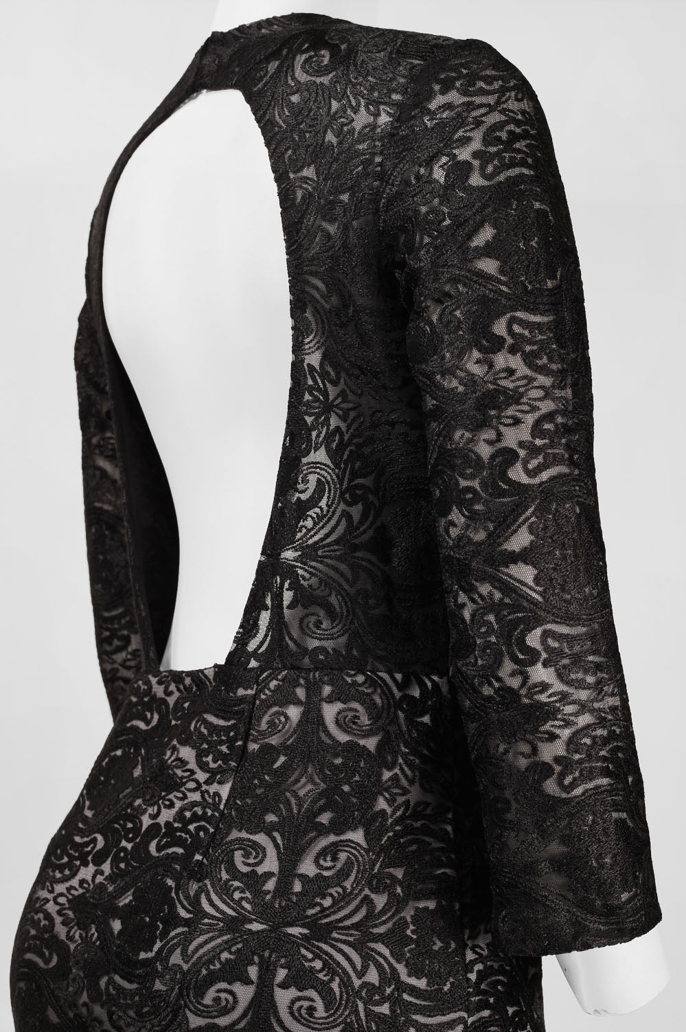 Sue Wong Ornament Motif 3/4 Sleeve Open-Back Dress