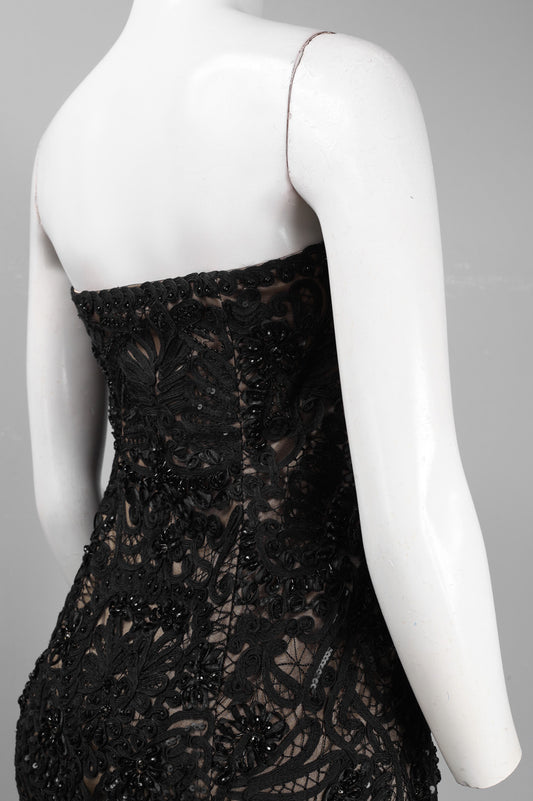Sue Wong Strapless Embellished Applique Mesh Dress