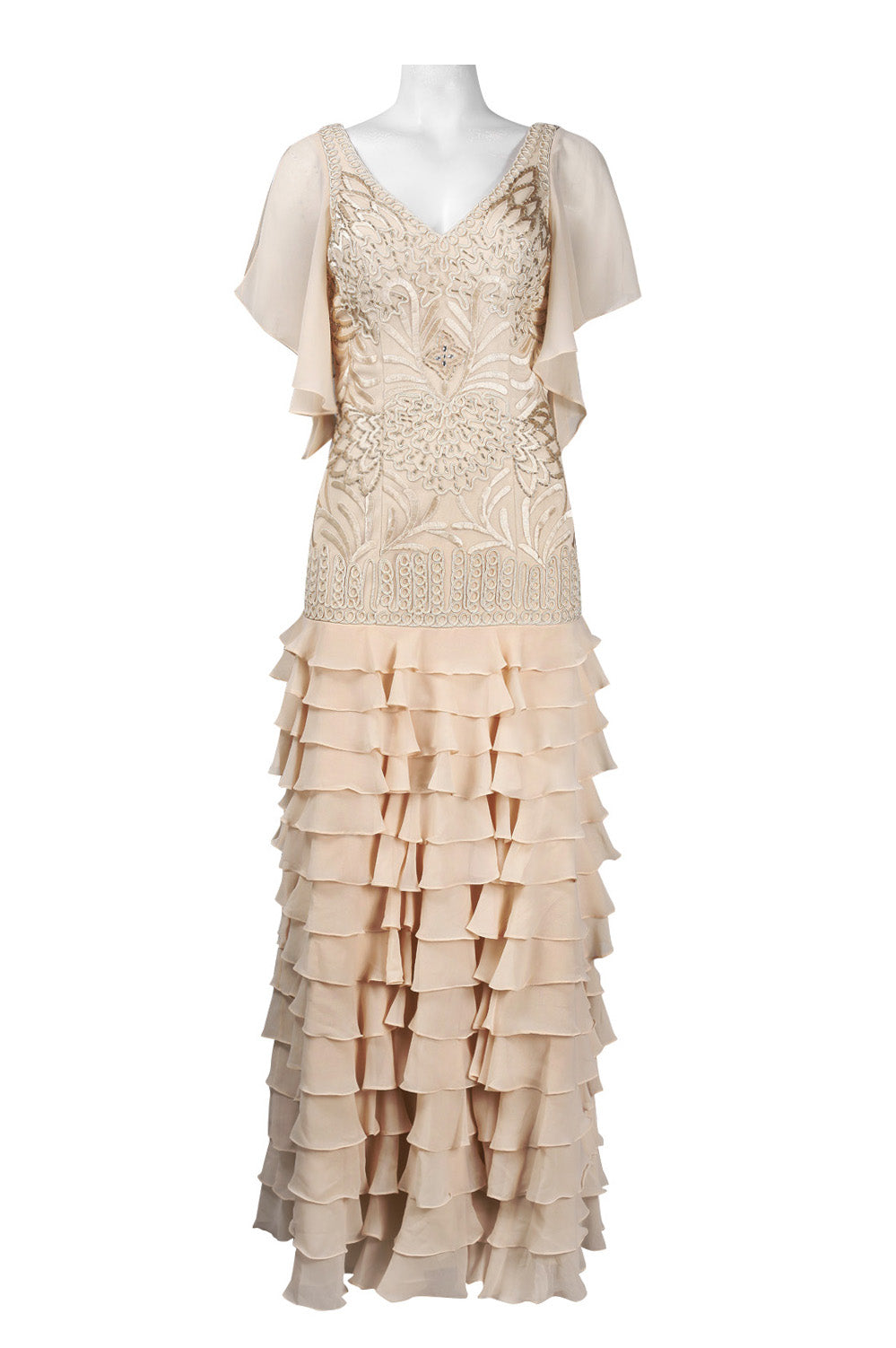 Sue Wong Flutter Sleeve Embroidered Tiered Dress